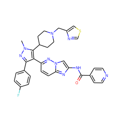 Cn1nc(-c2ccc(F)cc2)c(-c2ccc3nc(NC(=O)c4ccncc4)cn3n2)c1C1CCN(Cc2cscn2)CC1 ZINC001772588692