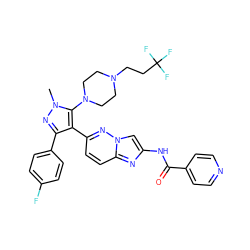 Cn1nc(-c2ccc(F)cc2)c(-c2ccc3nc(NC(=O)c4ccncc4)cn3n2)c1N1CCN(CCC(F)(F)F)CC1 ZINC000209695981