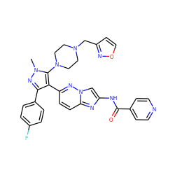 Cn1nc(-c2ccc(F)cc2)c(-c2ccc3nc(NC(=O)c4ccncc4)cn3n2)c1N1CCN(Cc2ccon2)CC1 ZINC000209690366