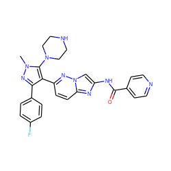 Cn1nc(-c2ccc(F)cc2)c(-c2ccc3nc(NC(=O)c4ccncc4)cn3n2)c1N1CCNCC1 ZINC000220083784