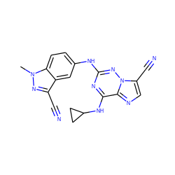 Cn1nc(C#N)c2cc(Nc3nc(NC4CC4)c4ncc(C#N)n4n3)ccc21 ZINC000169711891