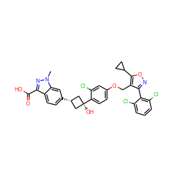 Cn1nc(C(=O)O)c2ccc([C@H]3C[C@](O)(c4ccc(OCc5c(-c6c(Cl)cccc6Cl)noc5C5CC5)cc4Cl)C3)cc21 ZINC000653861143