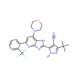 Cn1nc(C(C)(C)C)c(C#N)c1-c1nc2nc(-c3ccccc3C(F)(F)F)cc(N3CCOCC3)c2[nH]1 ZINC000141444024