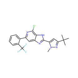 Cn1nc(C(C)(C)C)cc1-c1nc2cc(-c3ccccc3C(F)(F)F)nc(Cl)c2[nH]1 ZINC000141147448