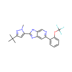 Cn1nc(C(C)(C)C)cc1-c1nc2cc(-c3ccccc3OC(F)(F)F)ncc2[nH]1 ZINC000141924035