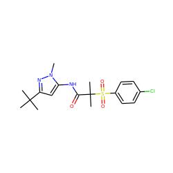 Cn1nc(C(C)(C)C)cc1NC(=O)C(C)(C)S(=O)(=O)c1ccc(Cl)cc1 ZINC000040395804