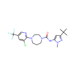 Cn1nc(C(C)(C)C)cc1NC(=O)N1CCCN(c2ncc(C(F)(F)F)cc2Cl)CC1 ZINC000072109932