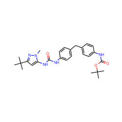 Cn1nc(C(C)(C)C)cc1NC(=O)Nc1ccc(Cc2ccc(NC(=O)OC(C)(C)C)cc2)cc1 ZINC000013442536