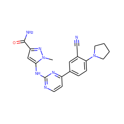 Cn1nc(C(N)=O)cc1Nc1nccc(-c2ccc(N3CCCC3)c(C#N)c2)n1 ZINC000113827710