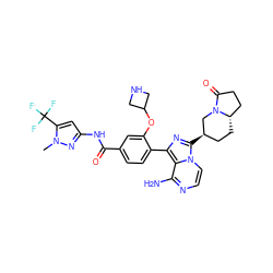 Cn1nc(NC(=O)c2ccc(-c3nc([C@@H]4CC[C@H]5CCC(=O)N5C4)n4ccnc(N)c34)c(OC3CNC3)c2)cc1C(F)(F)F ZINC000145673495