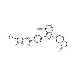 Cn1nc(NC(=O)c2ccc(-c3nc([C@@H]4CC[C@H]5CCC(=O)N5C4)n4ccnc(N)c34)cc2)cc1C1CC1 ZINC000145579605