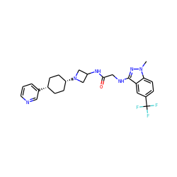 Cn1nc(NCC(=O)NC2CN([C@H]3CC[C@@H](c4cccnc4)CC3)C2)c2cc(C(F)(F)F)ccc21 ZINC000261091665