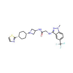 Cn1nc(NCC(=O)NC2CN([C@H]3CC[C@@H](c4nccs4)CC3)C2)c2cc(C(F)(F)F)ccc21 ZINC000261127960