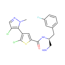 Cn1ncc(Cl)c1-c1cc(C(=O)N[C@H](CN)Cc2cccc(F)c2)sc1Cl ZINC000043197674