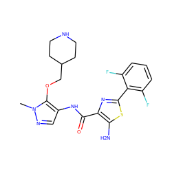 Cn1ncc(NC(=O)c2nc(-c3c(F)cccc3F)sc2N)c1OCC1CCNCC1 ZINC000144906814