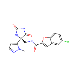 Cn1nccc1[C@]1(CNC(=O)c2cc3cc(Cl)ccc3o2)NC(=O)NC1=O ZINC000299839670