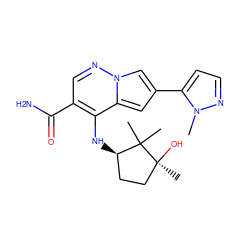 Cn1nccc1-c1cc2c(N[C@@H]3CC[C@](C)(O)C3(C)C)c(C(N)=O)cnn2c1 ZINC000146042546