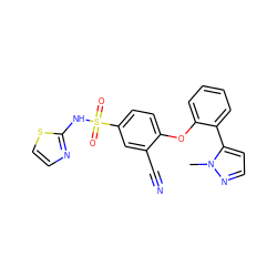 Cn1nccc1-c1ccccc1Oc1ccc(S(=O)(=O)Nc2nccs2)cc1C#N ZINC000095584204