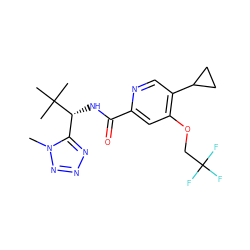 Cn1nnnc1[C@@H](NC(=O)c1cc(OCC(F)(F)F)c(C2CC2)cn1)C(C)(C)C ZINC000146322651