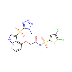 Cn1nnnc1S(=O)(=O)c1c[nH]c2cccc(OCC(=O)NS(=O)(=O)c3cc(Cl)c(Cl)s3)c12 ZINC000044404679