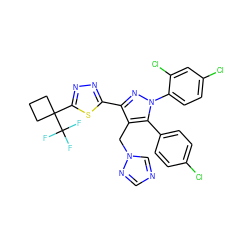 FC(F)(F)C1(c2nnc(-c3nn(-c4ccc(Cl)cc4Cl)c(-c4ccc(Cl)cc4)c3Cn3cncn3)s2)CCC1 ZINC000058576530