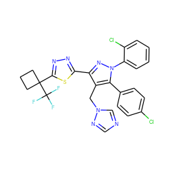 FC(F)(F)C1(c2nnc(-c3nn(-c4ccccc4Cl)c(-c4ccc(Cl)cc4)c3Cn3cncn3)s2)CCC1 ZINC000058584052