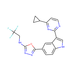 FC(F)(F)CNc1nnc(-c2ccc3[nH]cc(-c4nccc(C5CC5)n4)c3c2)o1 ZINC000203726957