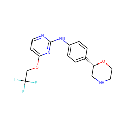 FC(F)(F)COc1ccnc(Nc2ccc([C@H]3CNCCO3)cc2)n1 ZINC000150008081
