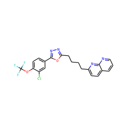 FC(F)(F)Oc1ccc(-c2nnc(CCCCc3ccc4cccnc4n3)o2)cc1Cl ZINC000072315712