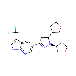 FC(F)(F)c1c[nH]c2ncc(-c3cc([C@@H]4CCOC4)n([C@H]4CCOC4)n3)cc12 ZINC000146471563