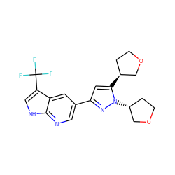 FC(F)(F)c1c[nH]c2ncc(-c3cc([C@H]4CCOC4)n([C@@H]4CCOC4)n3)cc12 ZINC000146471156