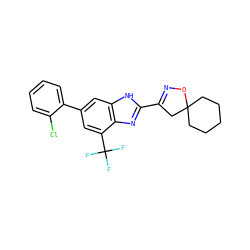 FC(F)(F)c1cc(-c2ccccc2Cl)cc2[nH]c(C3=NOC4(CCCCC4)C3)nc12 ZINC000066099655