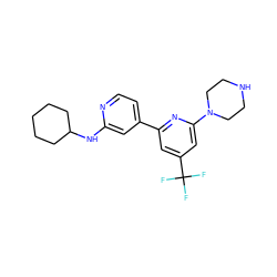 FC(F)(F)c1cc(-c2ccnc(NC3CCCCC3)c2)nc(N2CCNCC2)c1 ZINC000058574683