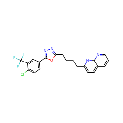 FC(F)(F)c1cc(-c2nnc(CCCCc3ccc4cccnc4n3)o2)ccc1Cl ZINC000095580454