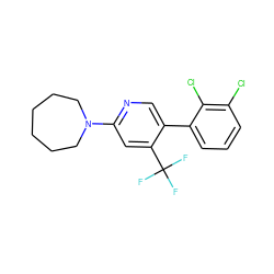 FC(F)(F)c1cc(N2CCCCCC2)ncc1-c1cccc(Cl)c1Cl ZINC000045315144