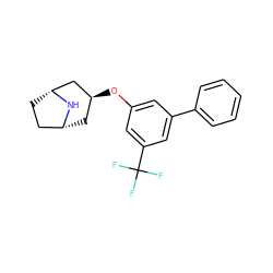 FC(F)(F)c1cc(O[C@H]2C[C@@H]3CC[C@H](C2)N3)cc(-c2ccccc2)c1 ZINC000101387204