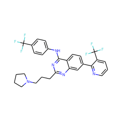 FC(F)(F)c1ccc(Nc2nc(CCCN3CCCC3)nc3cc(-c4ncccc4C(F)(F)F)ccc23)cc1 ZINC000044360822