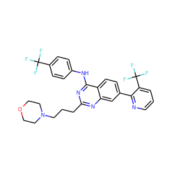 FC(F)(F)c1ccc(Nc2nc(CCCN3CCOCC3)nc3cc(-c4ncccc4C(F)(F)F)ccc23)cc1 ZINC000044352367