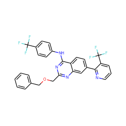 FC(F)(F)c1ccc(Nc2nc(COCc3ccccc3)nc3cc(-c4ncccc4C(F)(F)F)ccc23)cc1 ZINC000044352613