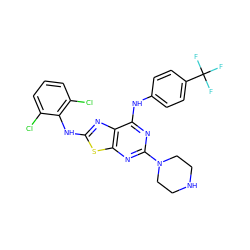 FC(F)(F)c1ccc(Nc2nc(N3CCNCC3)nc3sc(Nc4c(Cl)cccc4Cl)nc23)cc1 ZINC000044387073