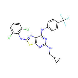 FC(F)(F)c1ccc(Nc2nc(NCC3CC3)nc3sc(Nc4c(Cl)cccc4Cl)nc23)cc1 ZINC000044386373