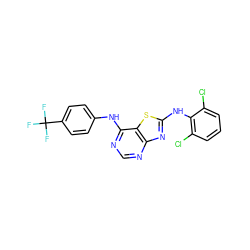 FC(F)(F)c1ccc(Nc2ncnc3nc(Nc4c(Cl)cccc4Cl)sc23)cc1 ZINC000040896158