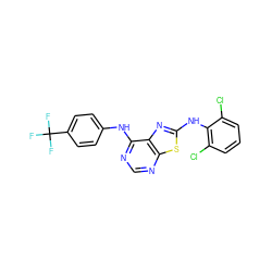 FC(F)(F)c1ccc(Nc2ncnc3sc(Nc4c(Cl)cccc4Cl)nc23)cc1 ZINC000040395676