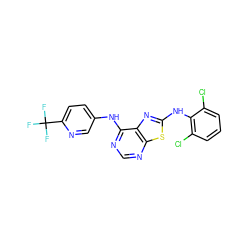 FC(F)(F)c1ccc(Nc2ncnc3sc(Nc4c(Cl)cccc4Cl)nc23)cn1 ZINC000040880352