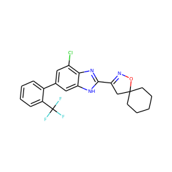 FC(F)(F)c1ccccc1-c1cc(Cl)c2nc(C3=NOC4(CCCCC4)C3)[nH]c2c1 ZINC000066113418