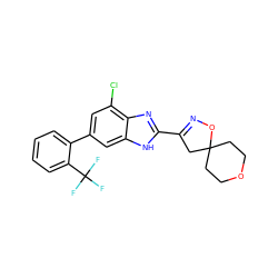 FC(F)(F)c1ccccc1-c1cc(Cl)c2nc(C3=NOC4(CCOCC4)C3)[nH]c2c1 ZINC000066099321