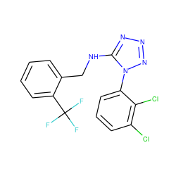 FC(F)(F)c1ccccc1CNc1nnnn1-c1cccc(Cl)c1Cl ZINC000071335112