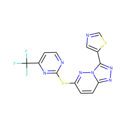 FC(F)(F)c1ccnc(Sc2ccc3nnc(-c4cncs4)n3n2)n1 ZINC000095604661