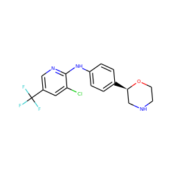 FC(F)(F)c1cnc(Nc2ccc([C@@H]3CNCCO3)cc2)c(Cl)c1 ZINC000150051311