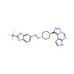 FC(F)(F)c1nc2ccc(NC[C@H]3CC[C@H](c4nnn5cnc6[nH]ccc6c45)CC3)cc2[nH]1 ZINC001772639222